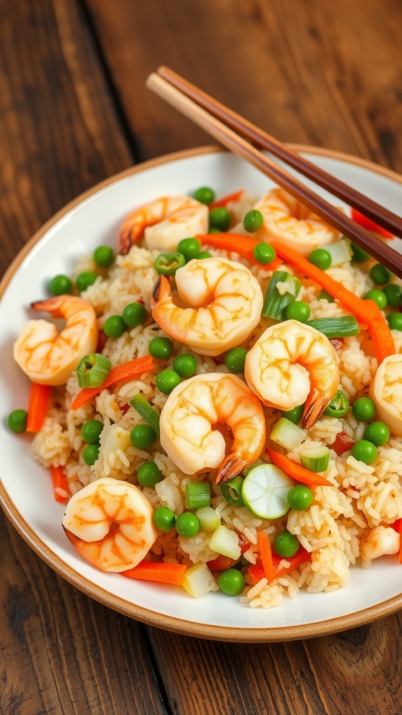 A colorful plate of shrimp fried rice with shrimp, vegetables, and green onions.